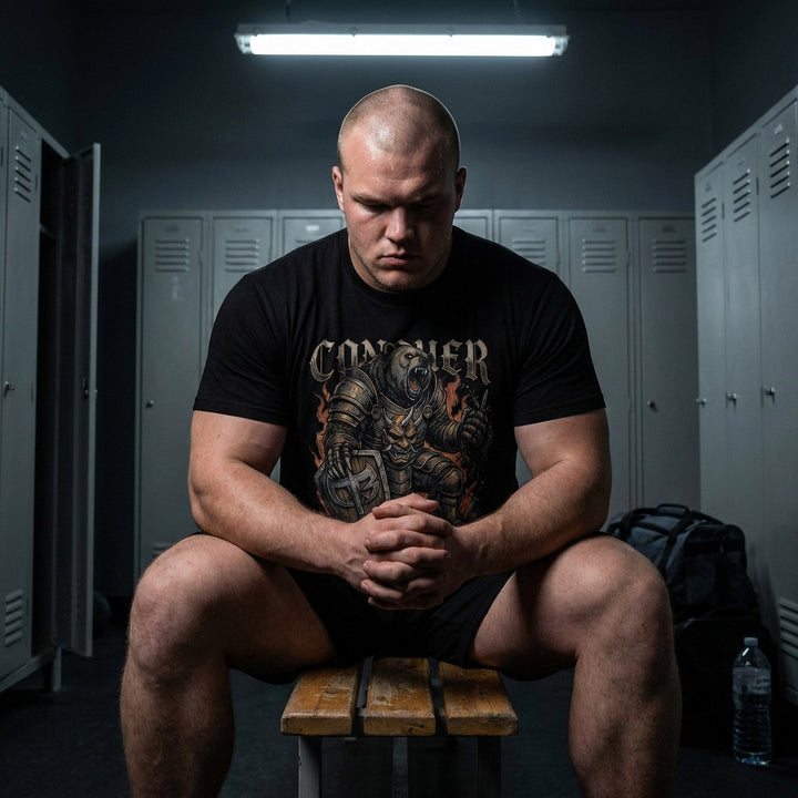 War Bear tee in Black: an armored grizzly warrior with a demon mask on his chest plate and a CB shield in hand