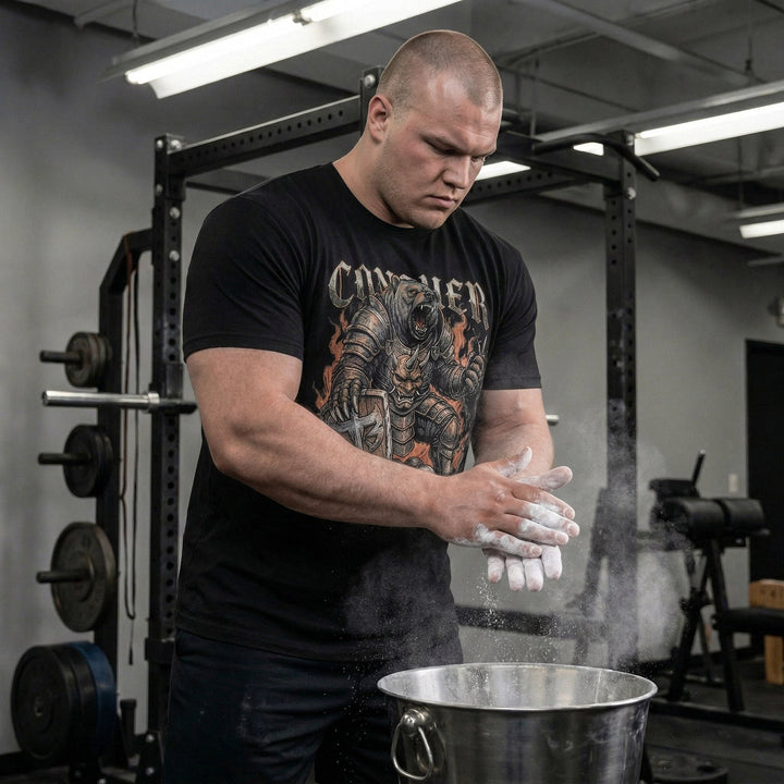 War Bear tee in Black: an armored grizzly warrior with a demon mask on his chest plate and a CB shield in hand