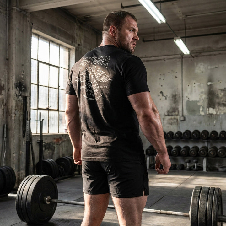 Talons Out tee in Black: an eagle with spread wings and the CB shield crest over crossed barbells
