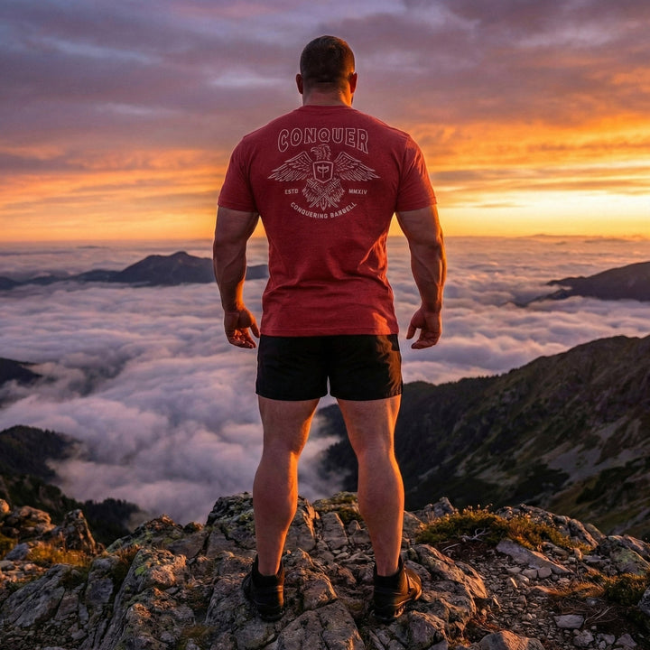 Talons Out tee in Red: an eagle with spread wings and the CB shield crest over crossed barbells