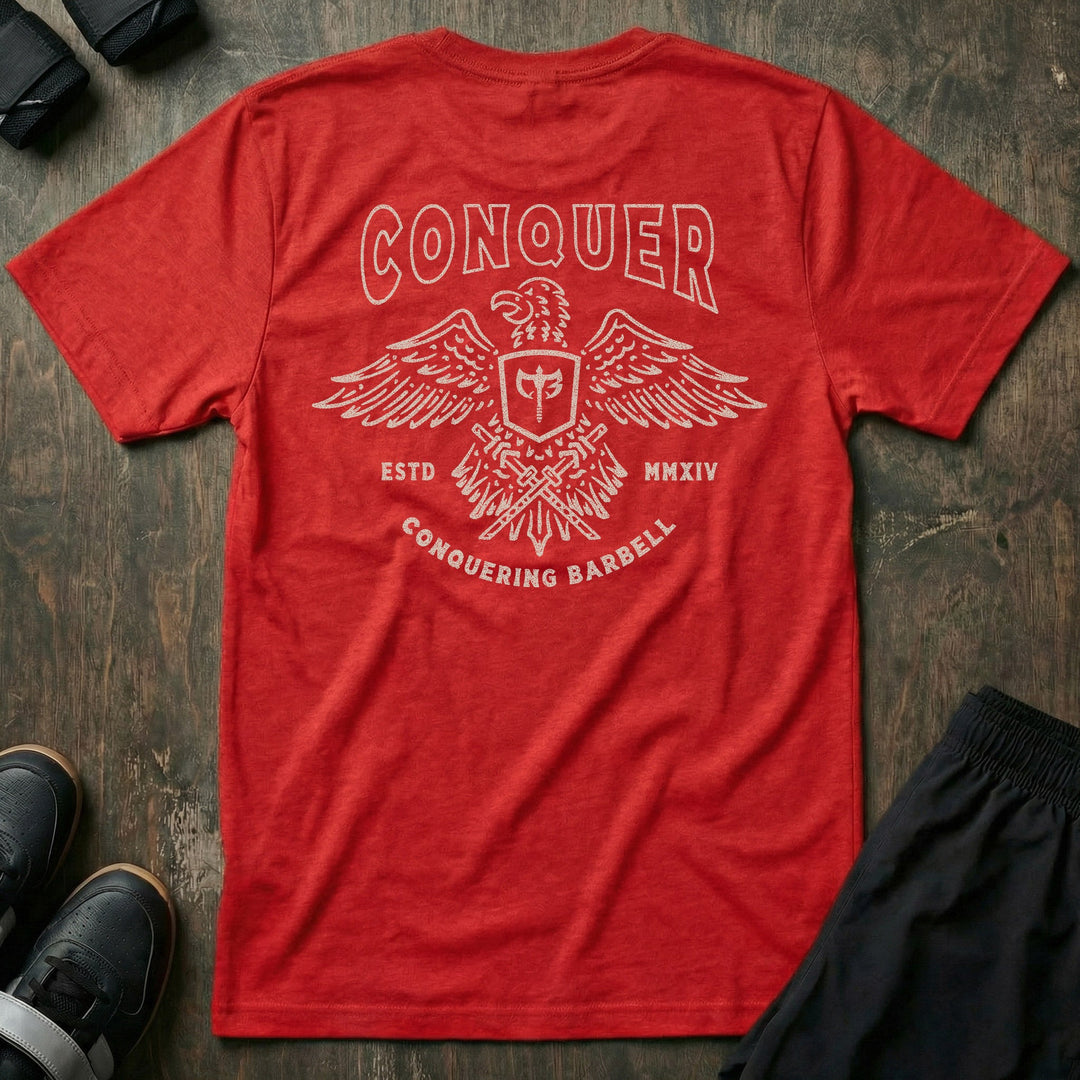 Talons Out tee in Red: an eagle with spread wings and the CB shield crest over crossed barbells