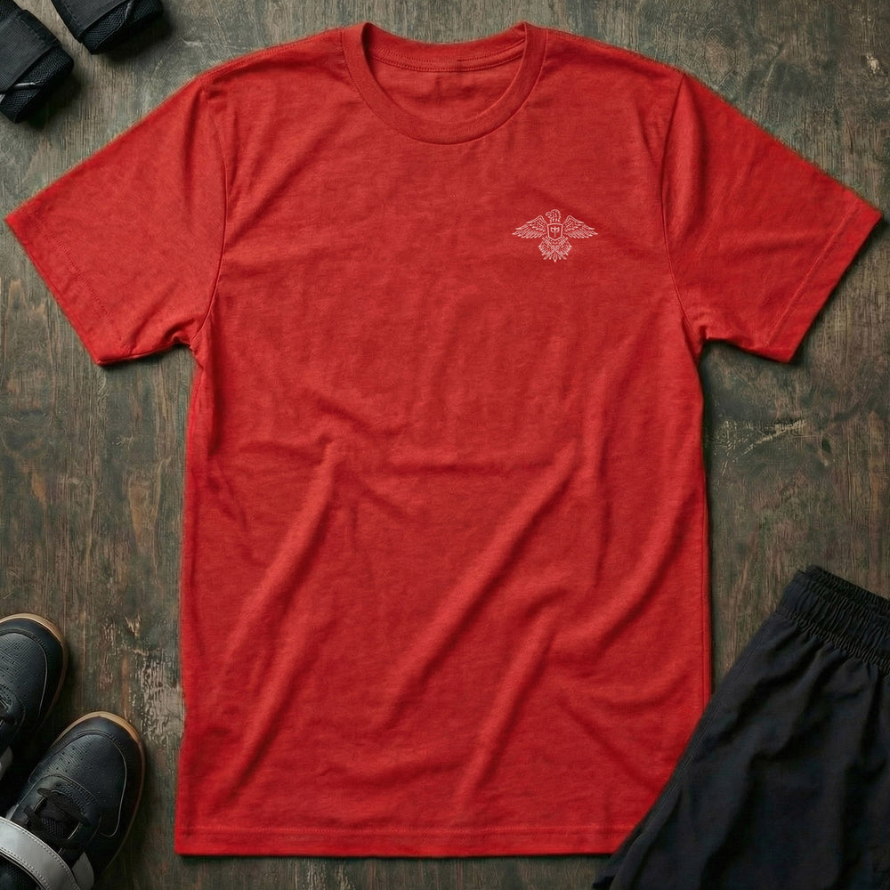 Talons Out tee in Red: an eagle with spread wings and the CB shield crest over crossed barbells
