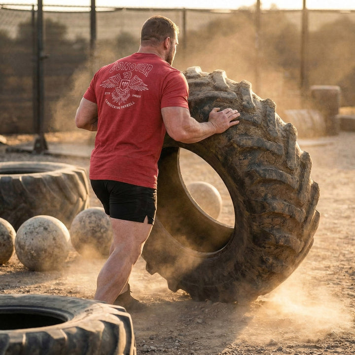 Talons Out tee in Red: an eagle with spread wings and the CB shield crest over crossed barbells