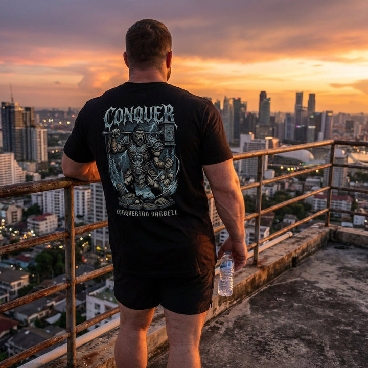 War Gorilla tee in Black: an armored warrior gorilla wielding a barbell like a battle axe in an epic battle scene