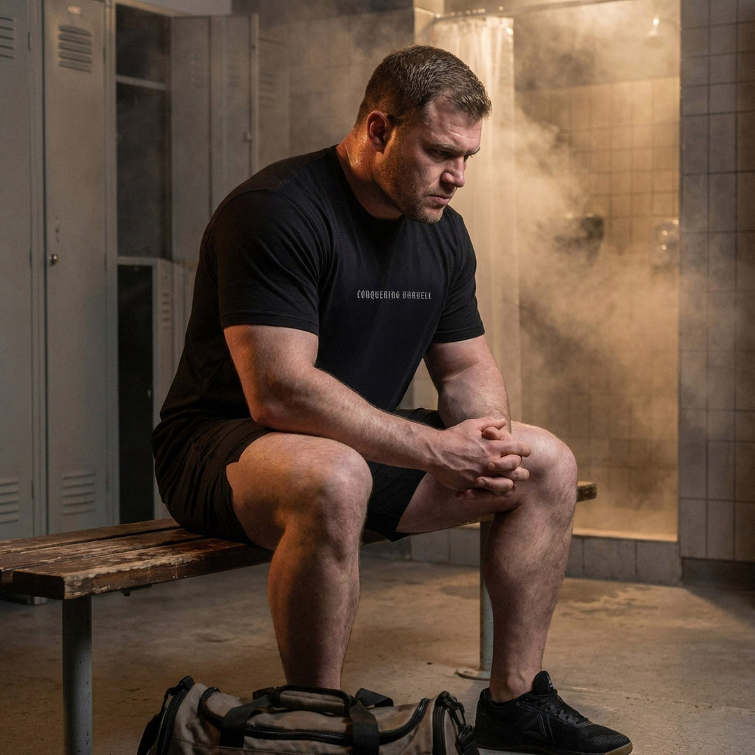 War Gorilla tee in Black: an armored warrior gorilla wielding a barbell like a battle axe in an epic battle scene