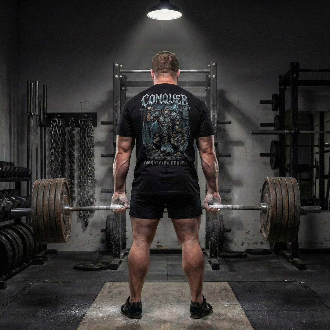War Gorilla tee in Black: an armored warrior gorilla wielding a barbell like a battle axe in an epic battle scene