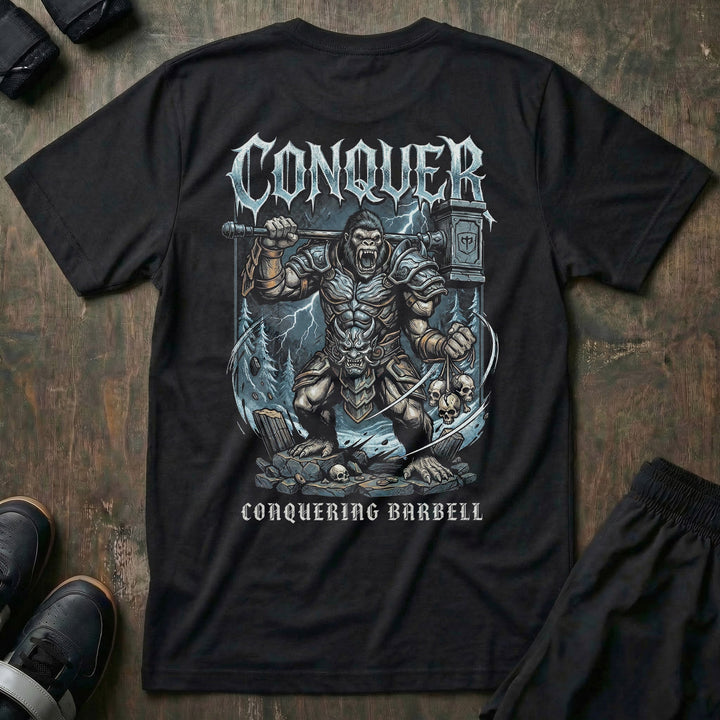 War Gorilla tee in Black: an armored warrior gorilla wielding a barbell like a battle axe in an epic battle scene
