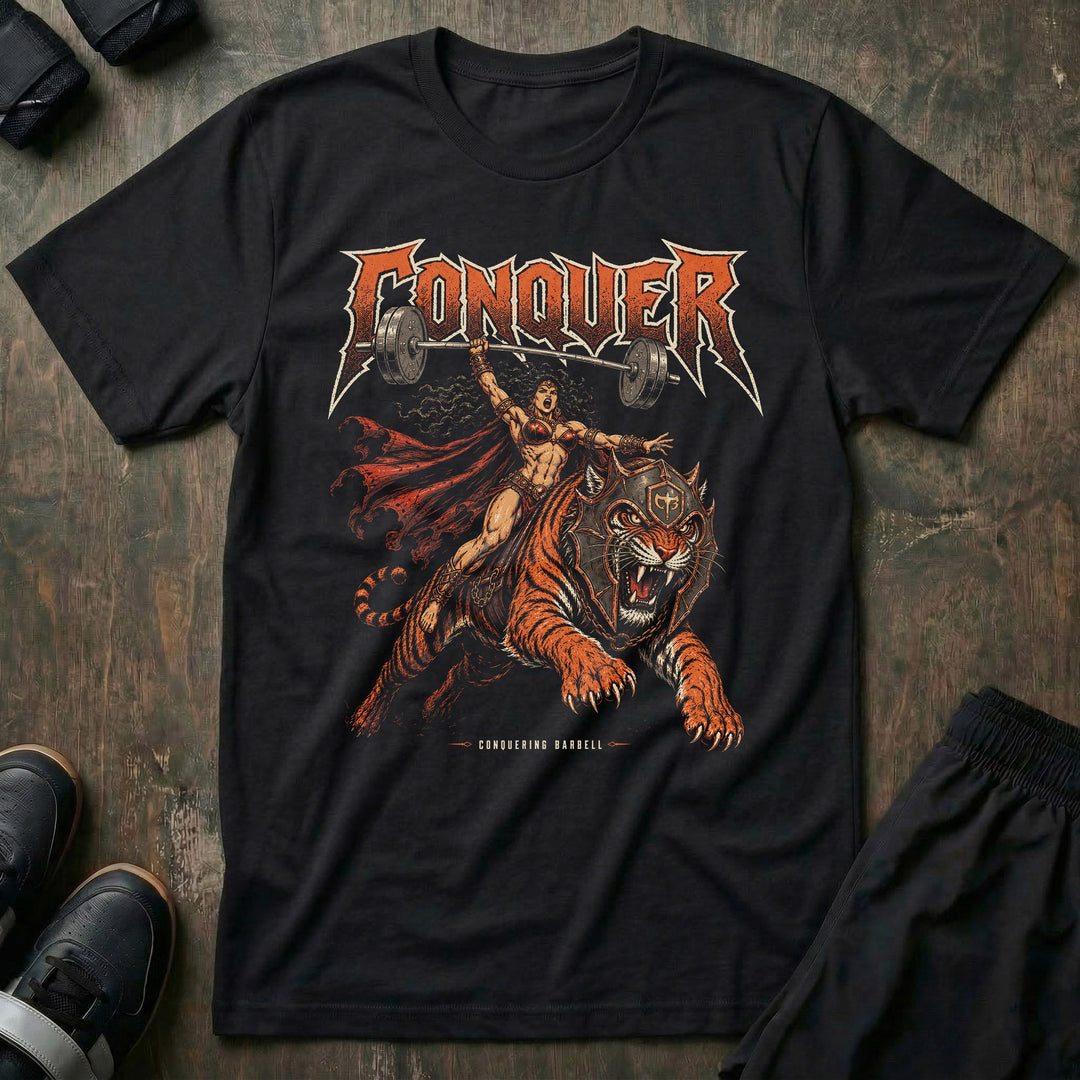 Warqueen tee in Black: a fearless warrior woman riding a charging tiger