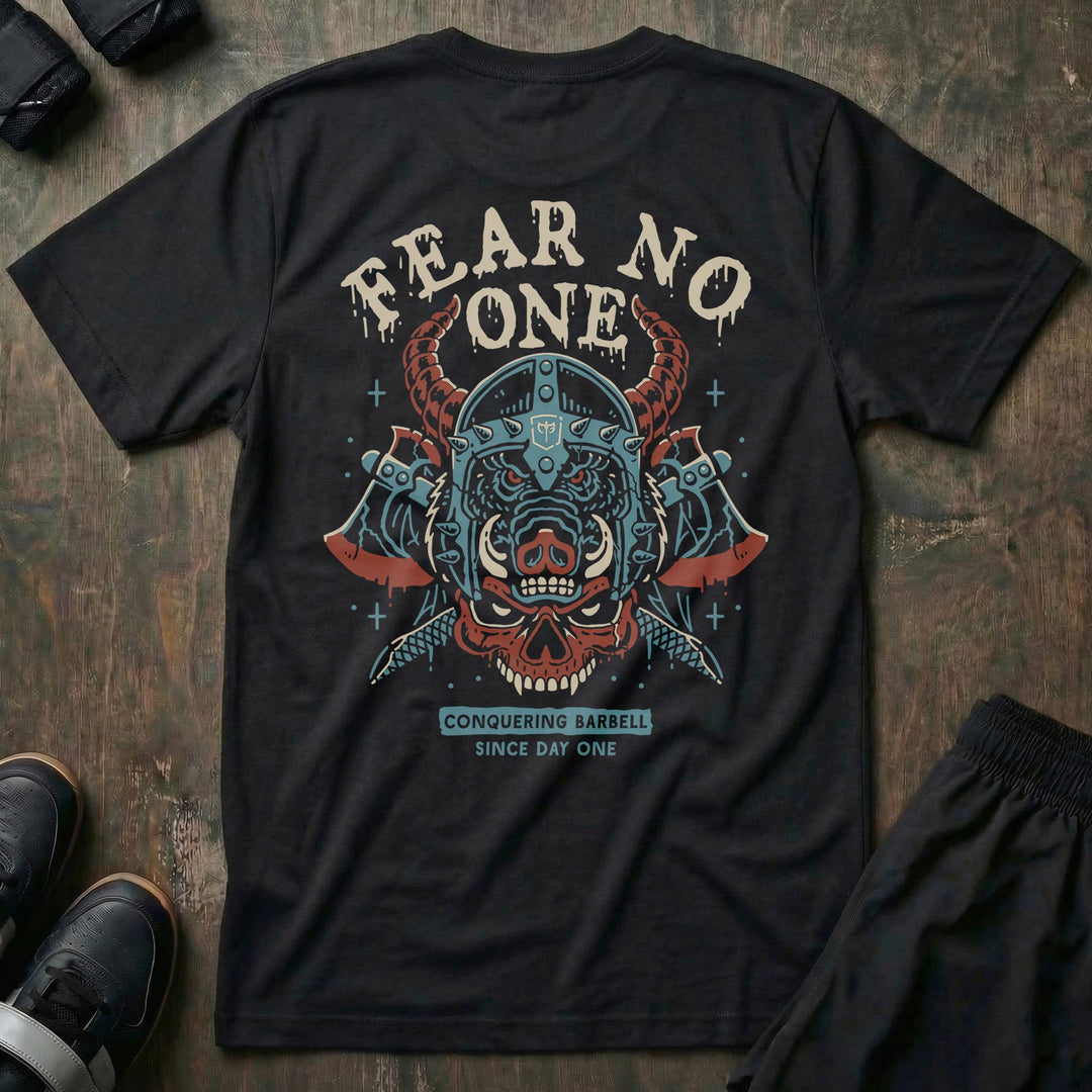 Warrior Fear No One tee in Black: a horned warrior helm with a snarling face in teal and red over crossed battle axes