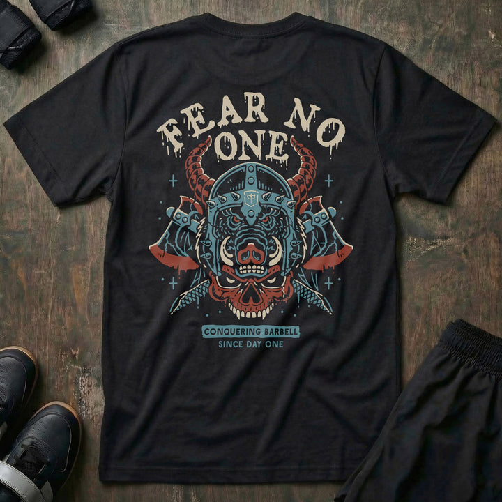 Warrior Fear No One tee in Black: a horned warrior helm with a snarling face in teal and red over crossed battle axes