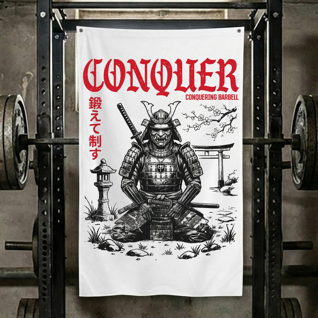 Warrior in the Garden V2 - Polyester Flag, vertical white gym flag with samurai meditating beside a torii gate and stone lantern - Conquering Barbell