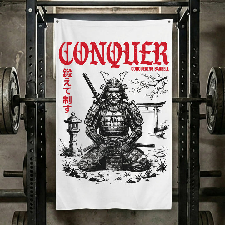 Warrior in the Garden V2 - Polyester Flag, vertical white gym flag with samurai meditating beside a torii gate and stone lantern - Conquering Barbell