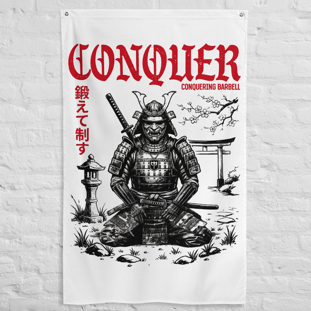 Warrior in the Garden V2 - Polyester Flag, vertical gym flag hanging in a home gym - Conquering Barbell