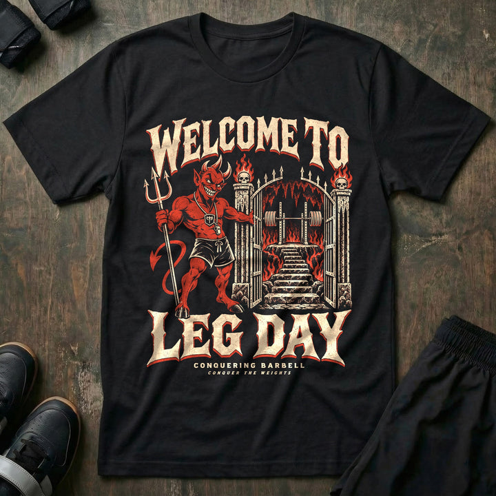 Welcome to Leg Day - Tee front graphic in Black with a grinning red devil holding open fiery gates that lead to a squat rack - Conquering Barbell