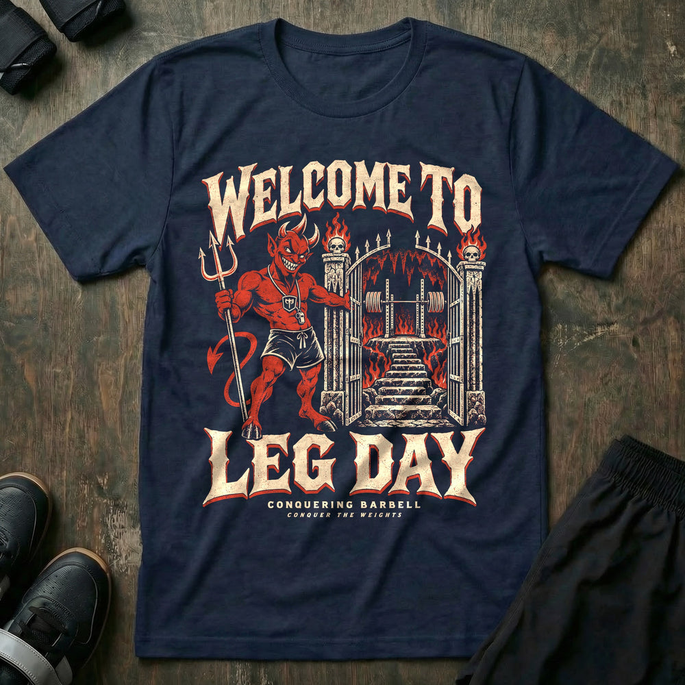 Welcome to Leg Day - Tee front graphic in Navy with a grinning red devil holding open fiery gates that lead to a squat rack - Conquering Barbell