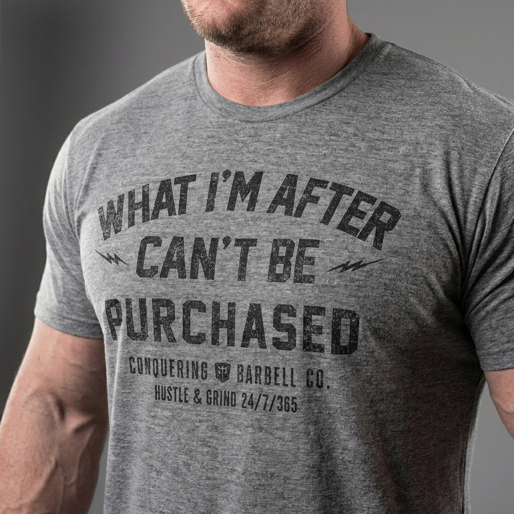 What I'm After Can't be Purchased - on Grey Tee - Conquering Barbell
