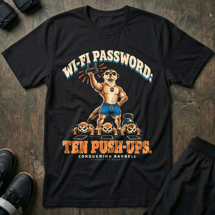 Wi-Fi Password: Ten Push-Ups - Tee front graphic in Black with a meerkat dad holding a wifi router overhead while three young meerkats do push-ups over tablets - Conquering Barbell