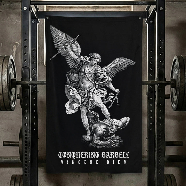 Win the Day - Angel vs Demon - Polyester Flag, vertical black gym flag with archangel driving a spear down on a demon - Conquering Barbell