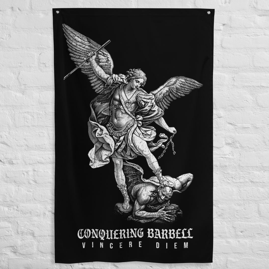 Win the Day - Angel vs Demon - Polyester Flag, vertical gym flag hanging in a home gym - Conquering Barbell