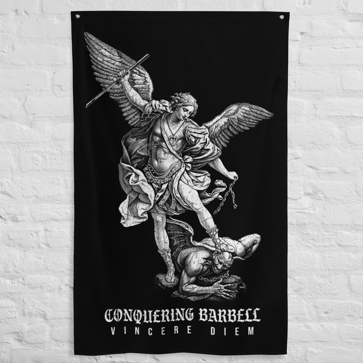 Win the Day - Angel vs Demon - Polyester Flag, vertical gym flag hanging in a home gym - Conquering Barbell