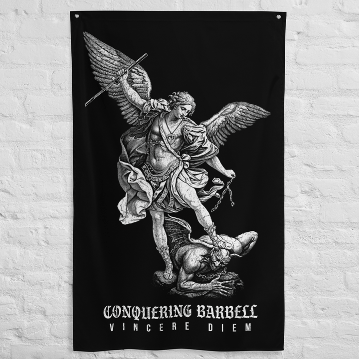 Win the Day - Angel vs Demon - Polyester Flag, vertical gym flag hanging in a home gym - Conquering Barbell