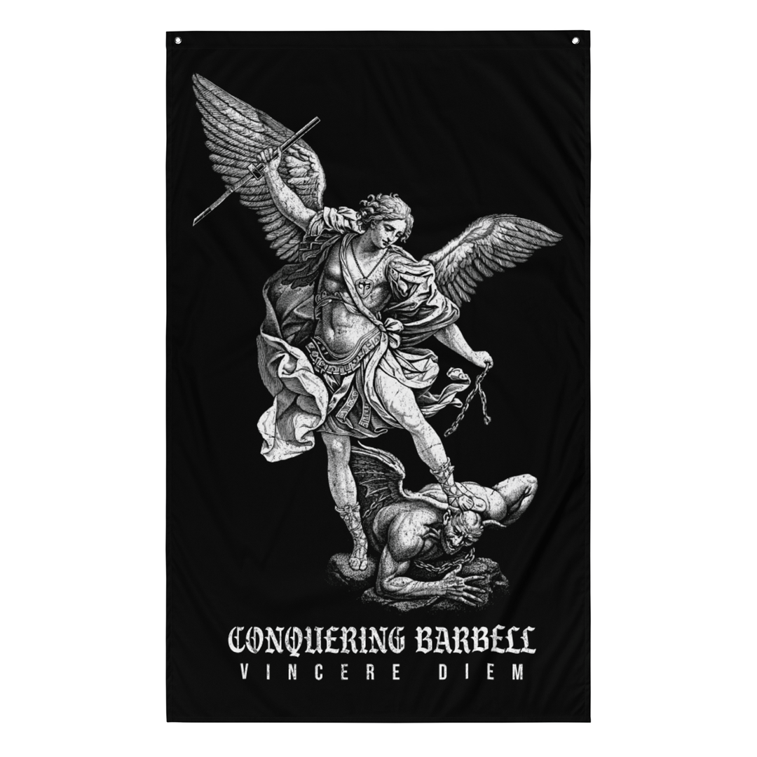 Win the Day - Angel vs Demon - Polyester Flag, vertical gym flag hanging in a home gym - Conquering Barbell