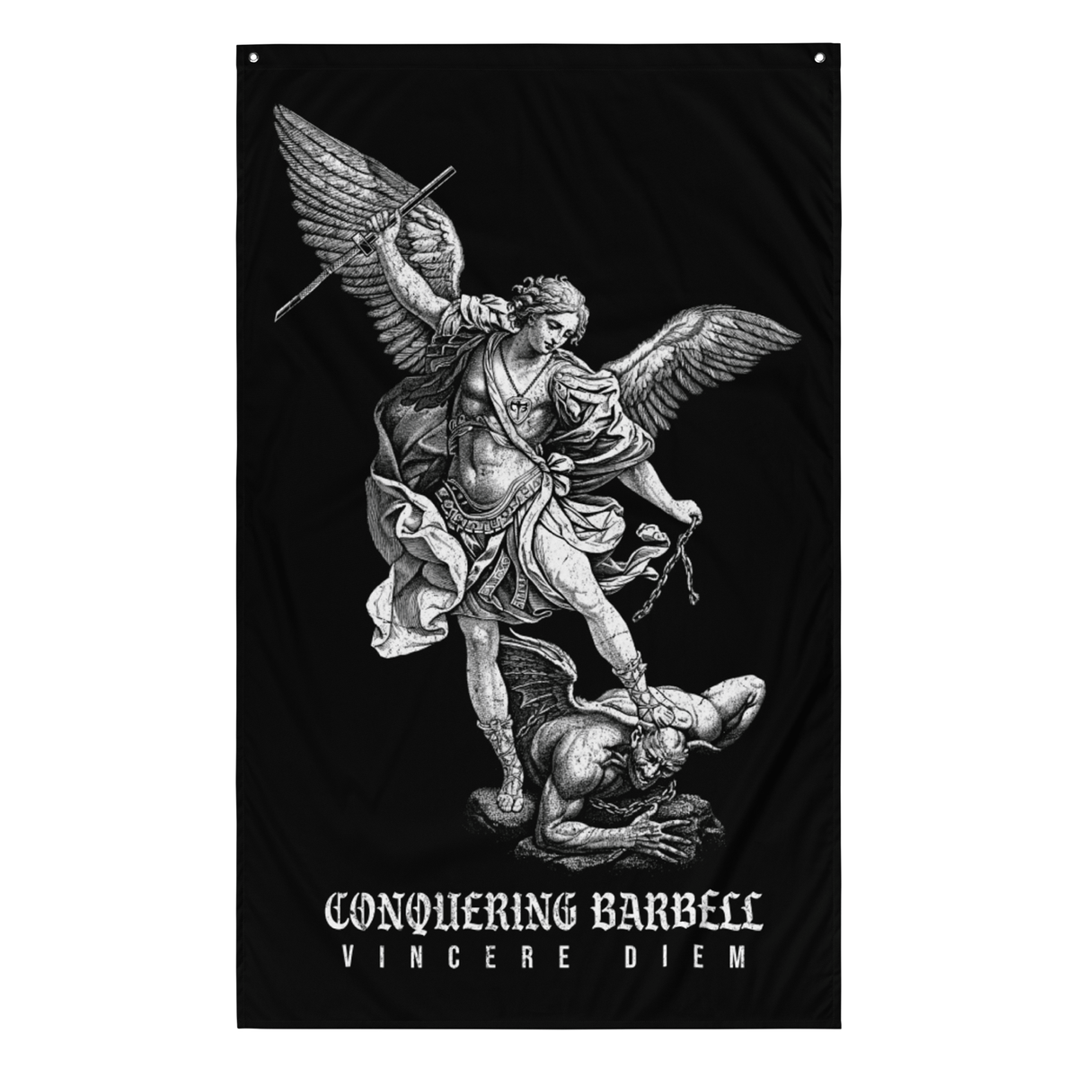 Win the Day - Angel vs Demon - Polyester Flag, vertical gym flag hanging in a home gym - Conquering Barbell
