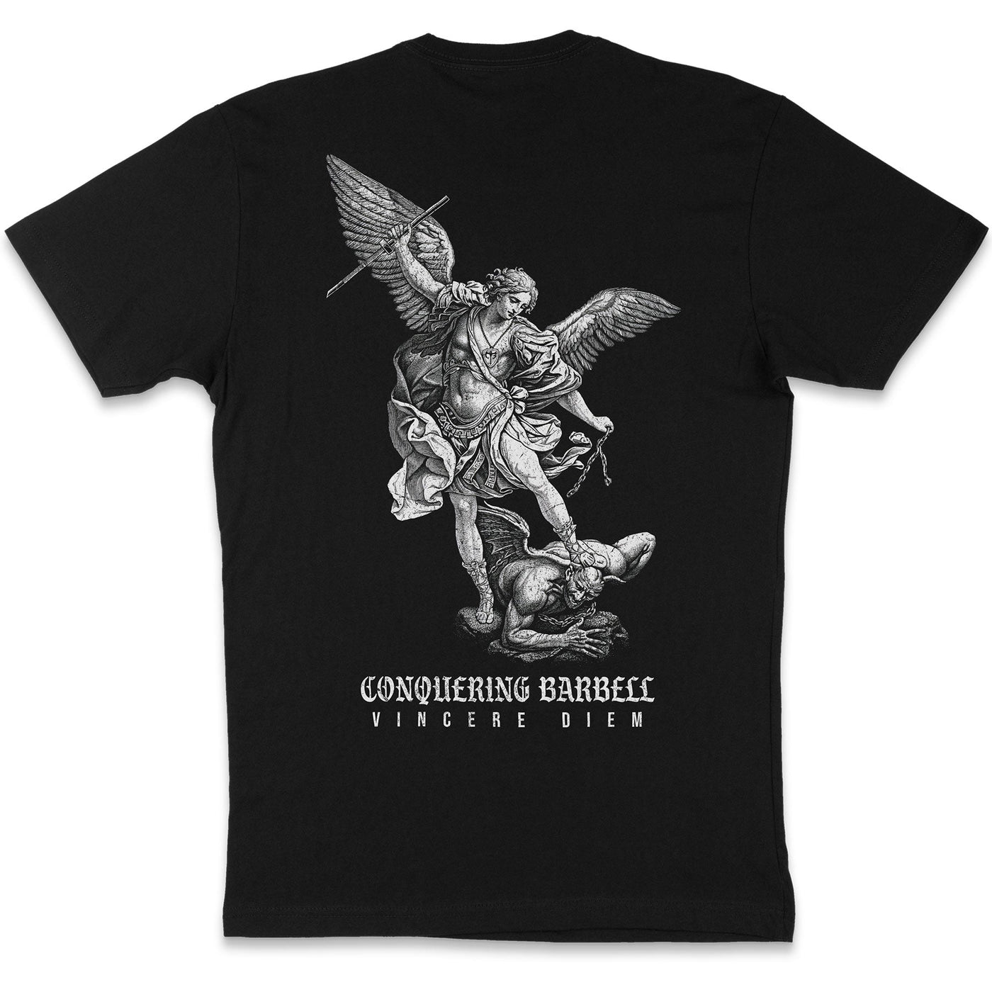 Conquering Barbell Vincere Diem t-shirt—angel standing over demon’s neck holding a broken barbell as a sword on black tee