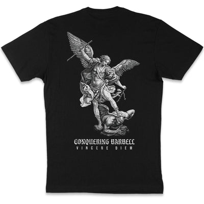 Conquering Barbell Vincere Diem t-shirt—angel standing over demon’s neck holding a broken barbell as a sword on black tee