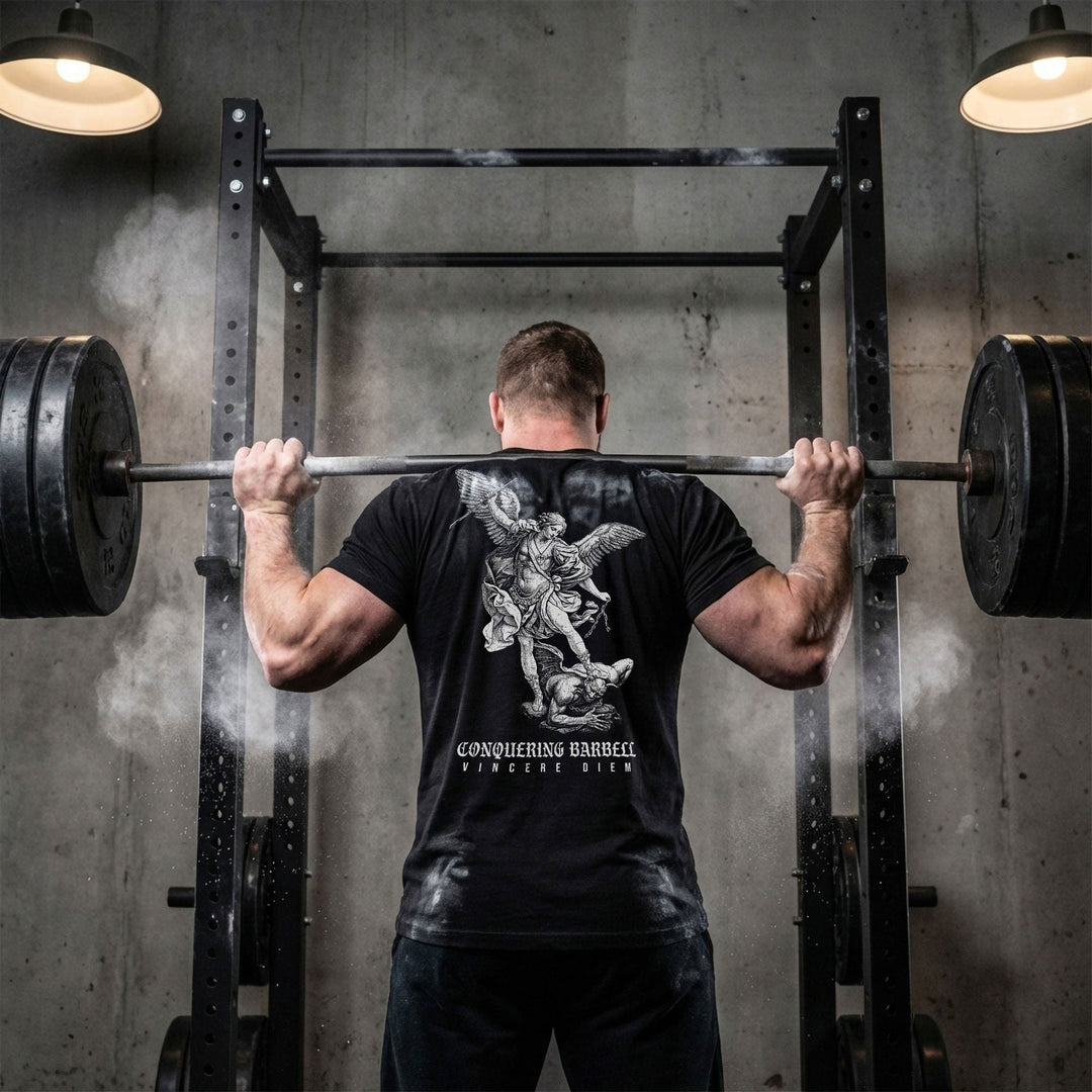 Win the Day Angel vs Dem tee in Black: a winged guardian driving his weapon down on a demon in a classic engraving style