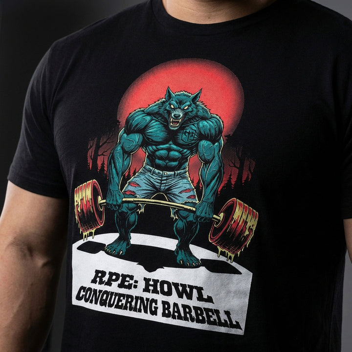 Wolfman Deadlift tee in Black: a jacked wolfman ripping a loaded barbell from the floor under a blood-red moon