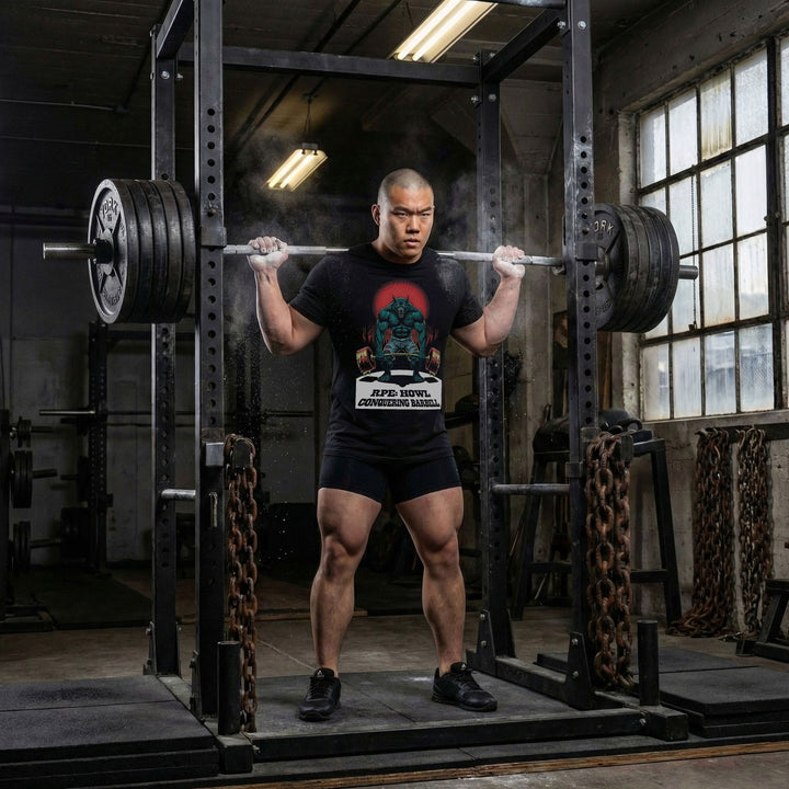 Wolfman Deadlift tee in Black: a jacked wolfman ripping a loaded barbell from the floor under a blood-red moon