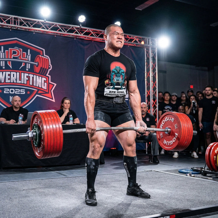 Wolfman Deadlift tee in Black: a jacked wolfman ripping a loaded barbell from the floor under a blood-red moon