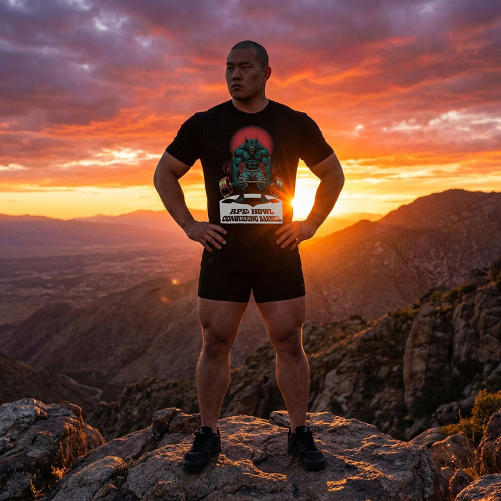 Wolfman Deadlift tee in Black: a jacked wolfman ripping a loaded barbell from the floor under a blood-red moon