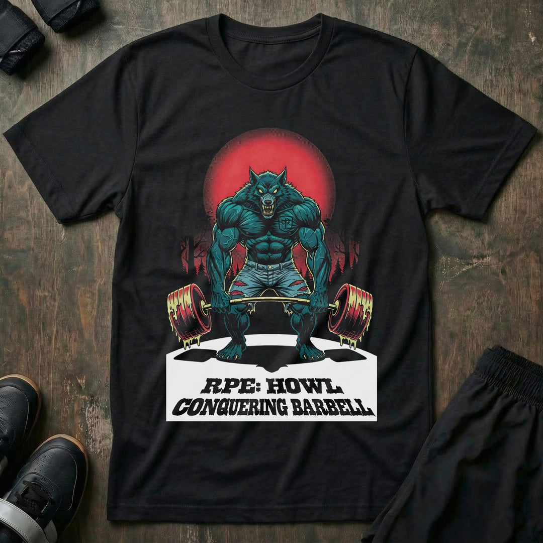 Wolfman Deadlift tee in Black: a jacked wolfman ripping a loaded barbell from the floor under a blood-red moon