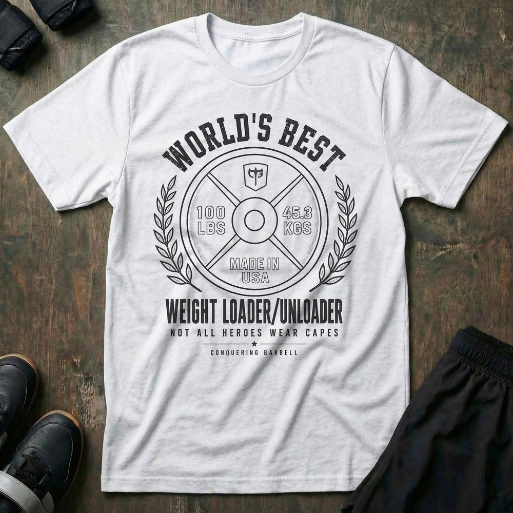 World's Best Weight Loader/Unloader tee in White: a bold 100 lb plate stamped with the CB shield and MADE IN USA