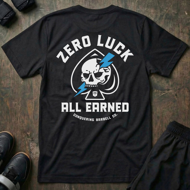 Zero Luck - on Black Tee - Conquering Barbell