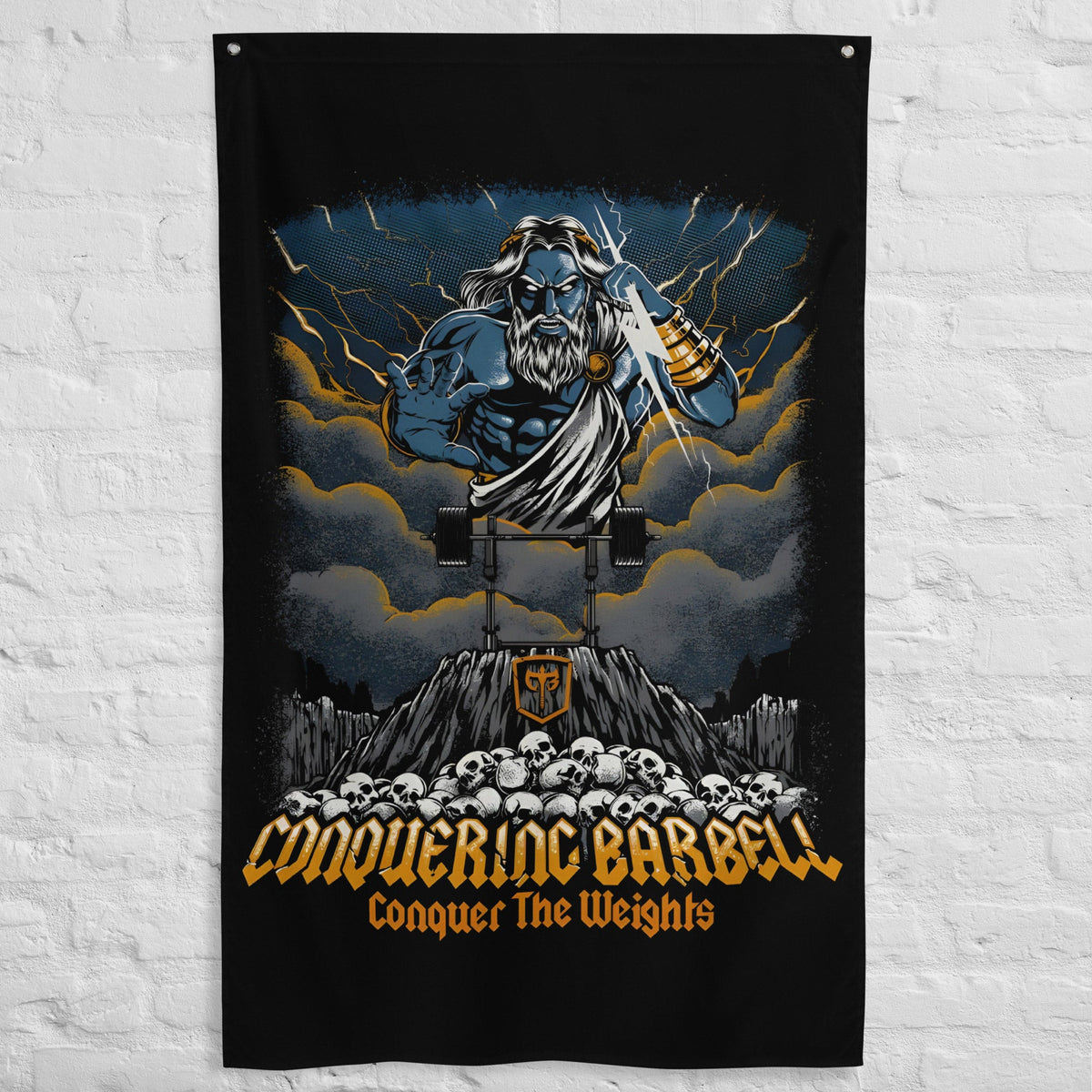 Zeus Flag - Polyester Flag, vertical gym flag hanging in a home gym - Conquering Barbell