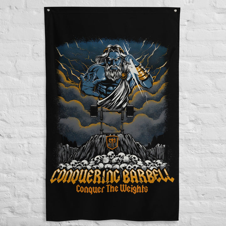 Zeus Flag - Polyester Flag, vertical gym flag hanging in a home gym - Conquering Barbell