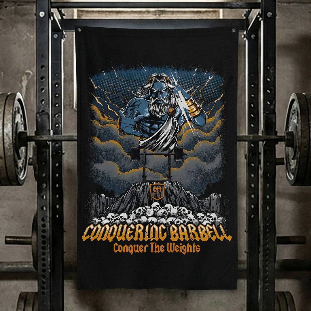 Zeus Flag - Polyester Flag, vertical black gym flag with Zeus on storm clouds hurling lightning - Conquering Barbell