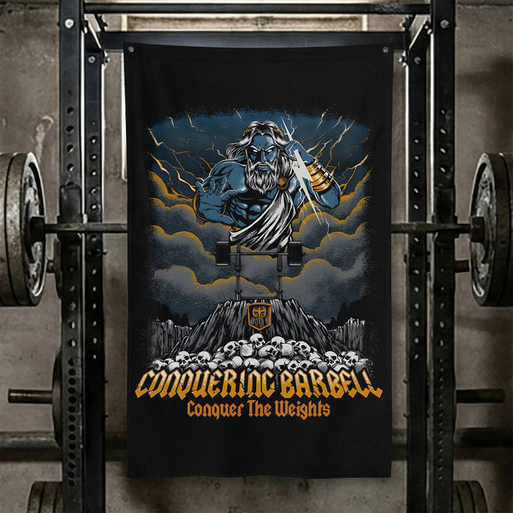 Zeus Flag - Polyester Flag, vertical black gym flag with Zeus on storm clouds hurling lightning - Conquering Barbell
