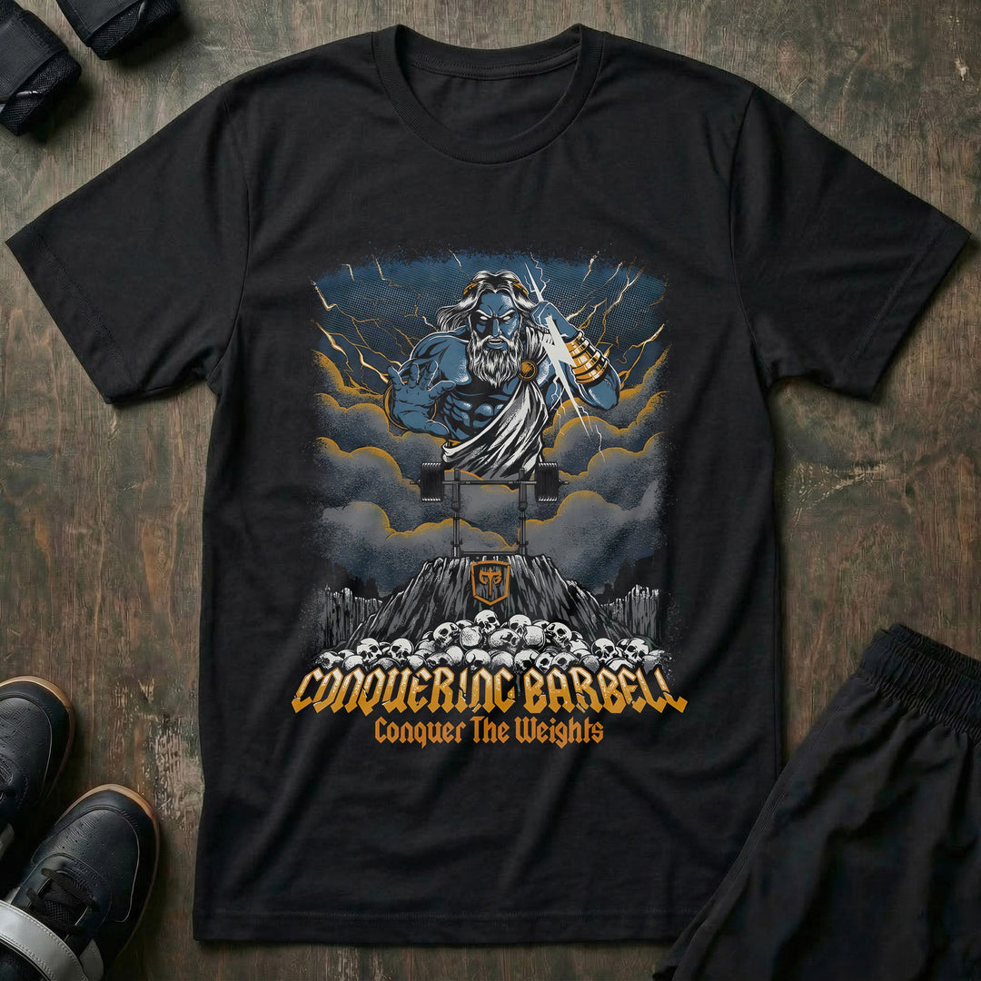 Zeus tee in Black: Zeus enthroned on storm clouds hurling lightning bolts in gold