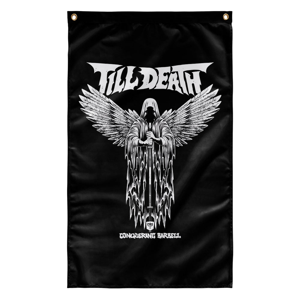Angel of Barbell Death - Polyester Flag, vertical gym flag hanging in a home gym - Conquering Barbell