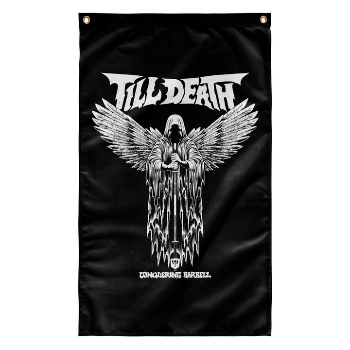 Angel of Barbell Death - Polyester Flag, vertical gym flag hanging in a home gym - Conquering Barbell