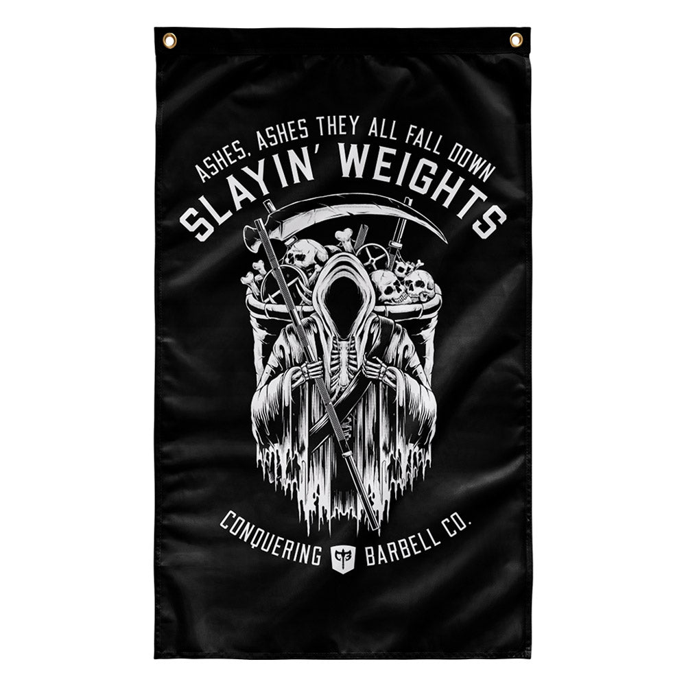 Ashes, Ashes They All Fall Down - Polyester Flag, vertical gym flag hanging in a home gym - Conquering Barbell