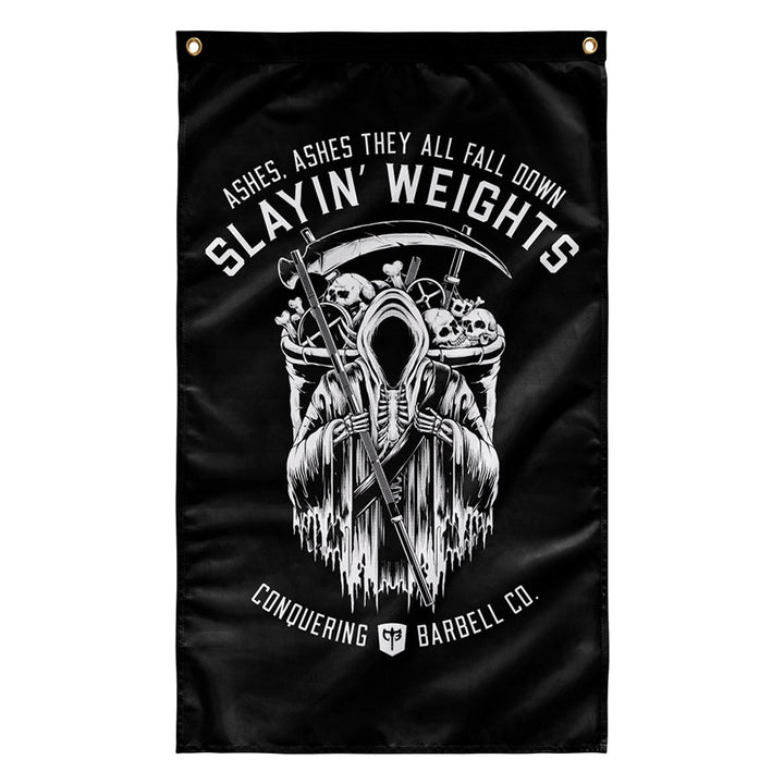 Ashes, Ashes They All Fall Down - Polyester Flag, vertical gym flag hanging in a home gym - Conquering Barbell