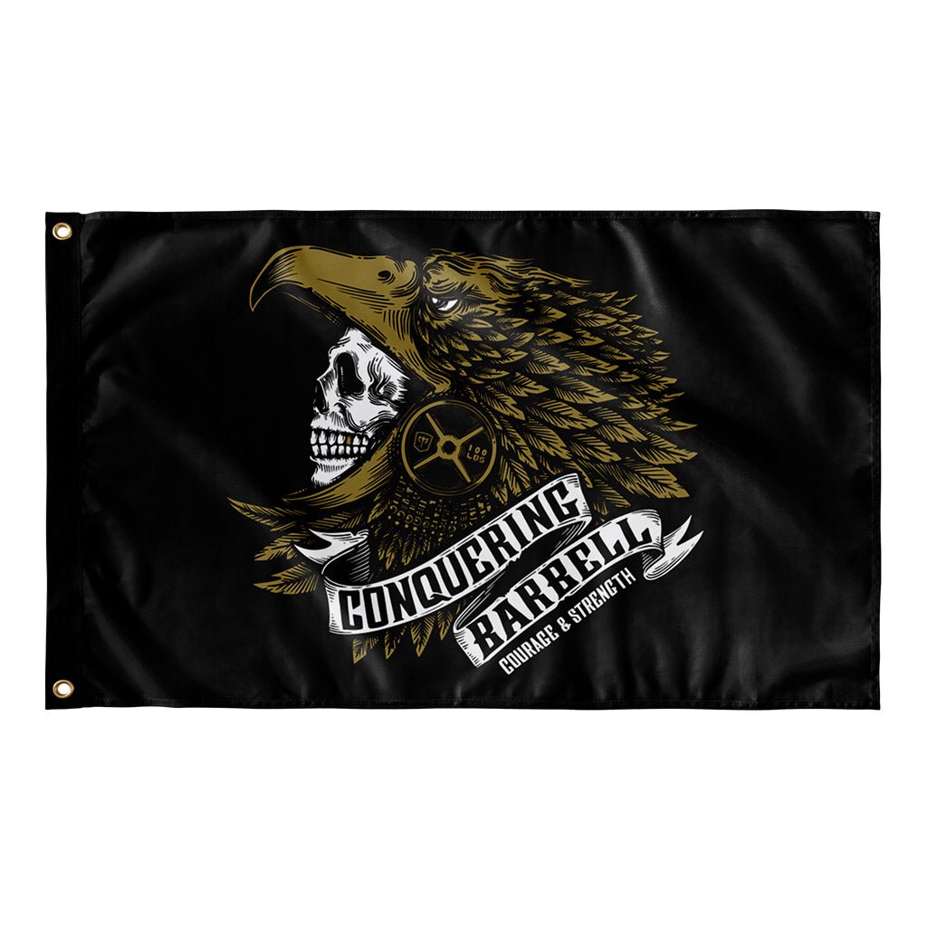 Aztec Eagle Warrior Flag - Polyester Flag, horizontal gym flag hanging in a home gym - Conquering Barbell