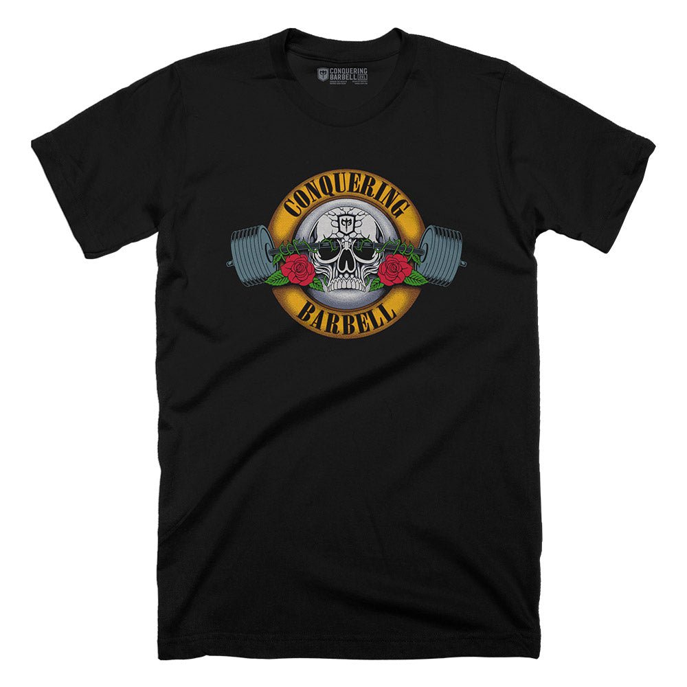 Barbell & Roses - on Black tee - Conquering Barbell