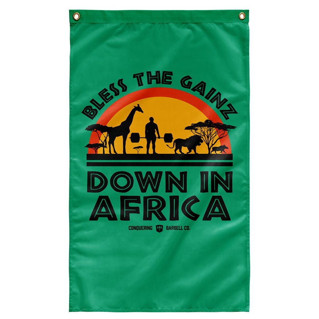 Bless the Gainz down in Africa - 3' x 5' Polyester Flag - Conquering Barbell