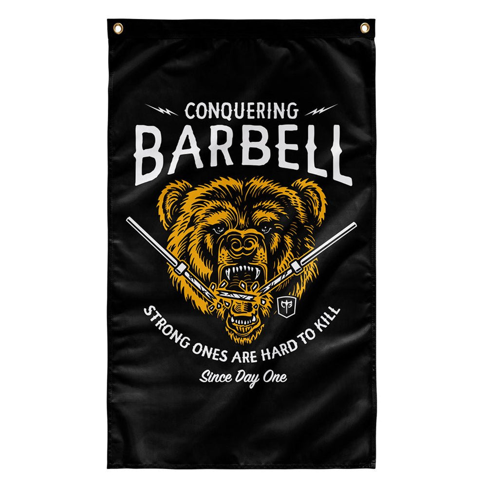 Breaking Barbell Bear Flag -White/Gold - 3' x 5' Polyester Flag - Conquering Barbell